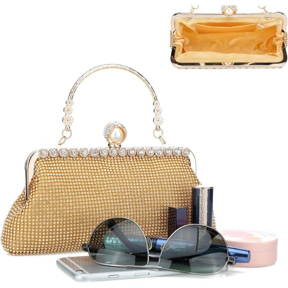 ⚡ Women's Evening Rhinestones Envelope Style Chain Strap Gold Clutch Handbag - Picture 6 of 7